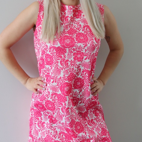 Bright Pink Floral Mod Pencil / Shift Dress - Picture 3 of 5